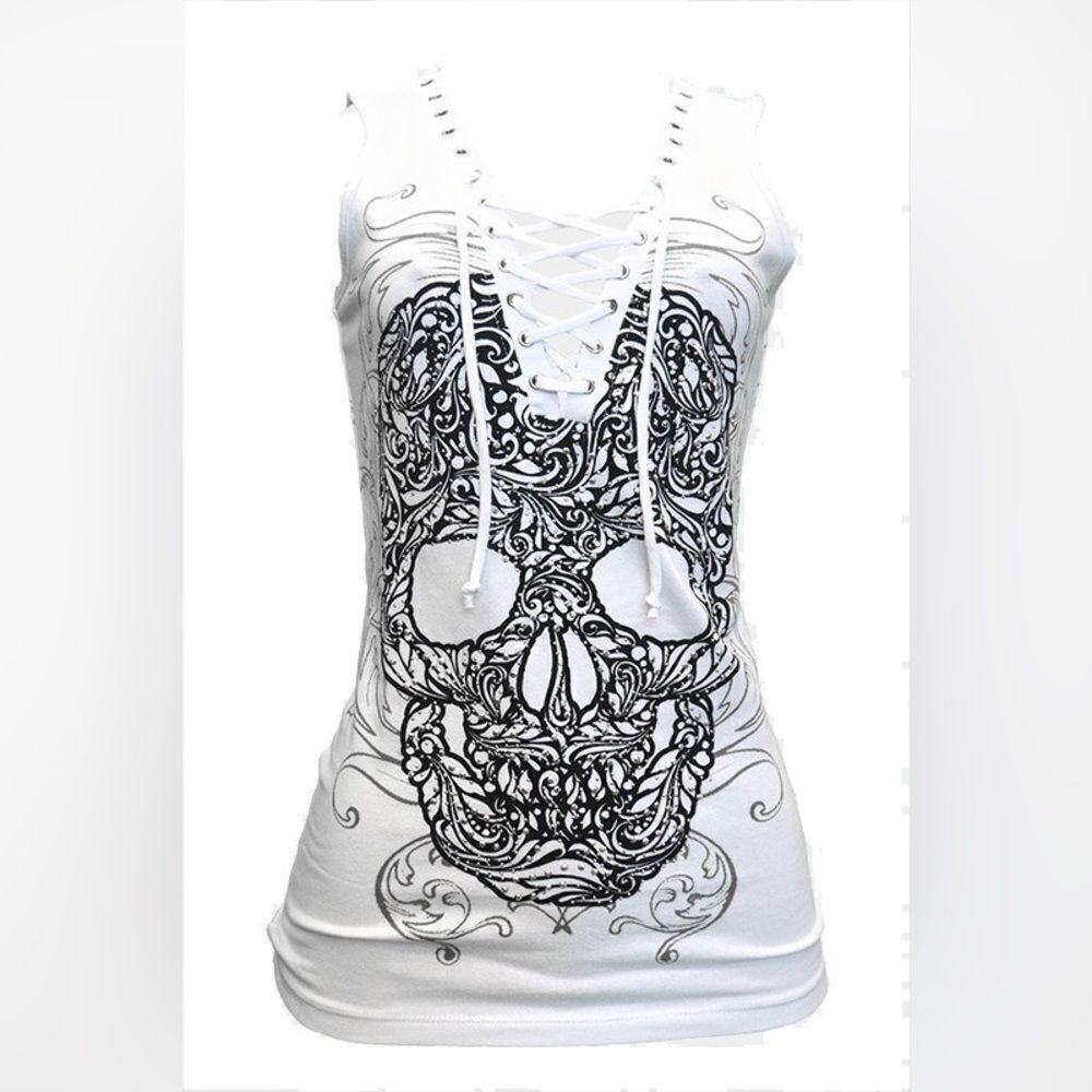 Rhinestone Skull Lace Up Top by Platinum Plush